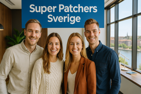 Motiverade unga vuxna med svenskt utseende står i ett lyxigt kontor med skylten "Super Patchers Sverige" i bakgrunden.