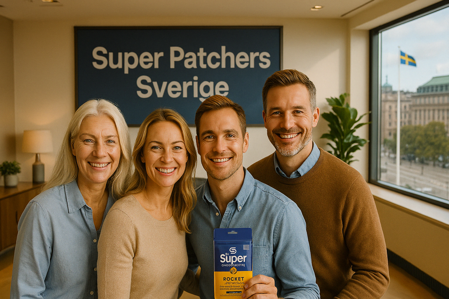 Fyra glada svenskar står i moderna kontorslokaler med skylten "Super Patchers Sverige" i bakgrunden.